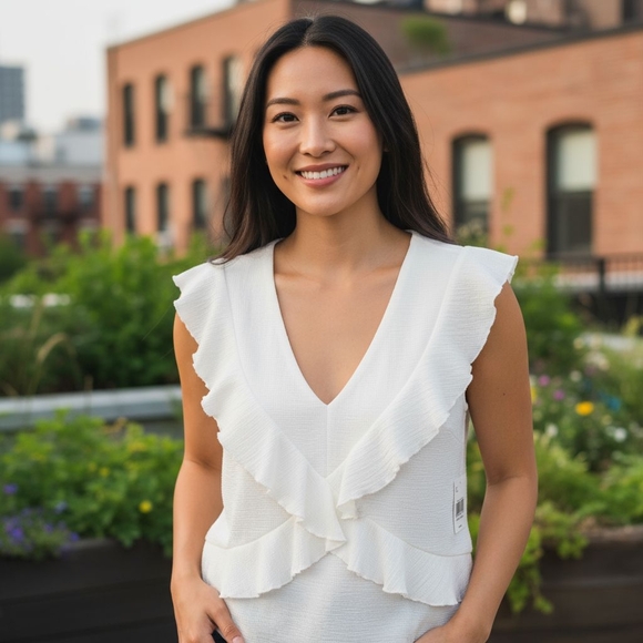 NWT American Rag Top Size Medium White Egret Ruffle V-Neck Sleeveless - Picture 2 of 9